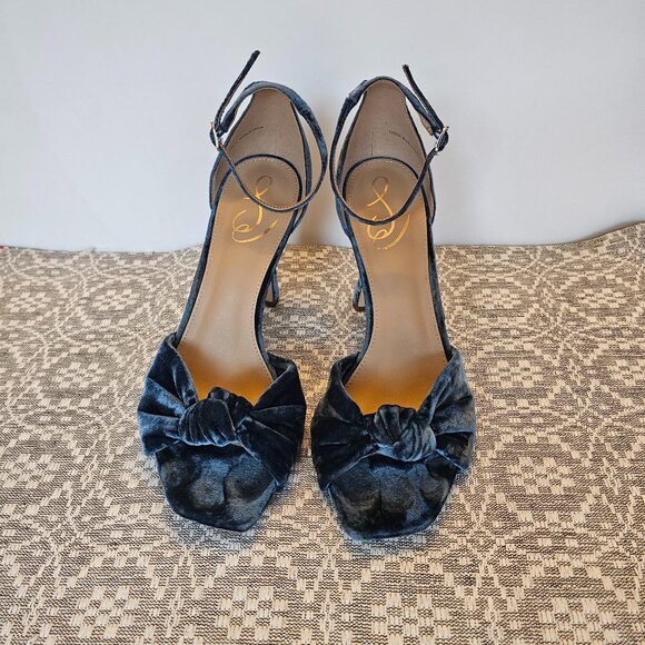 Lucia Velvet Knotted Ankle Strap Heels – Navy Blue, Size 10 - Picture 1 of 6